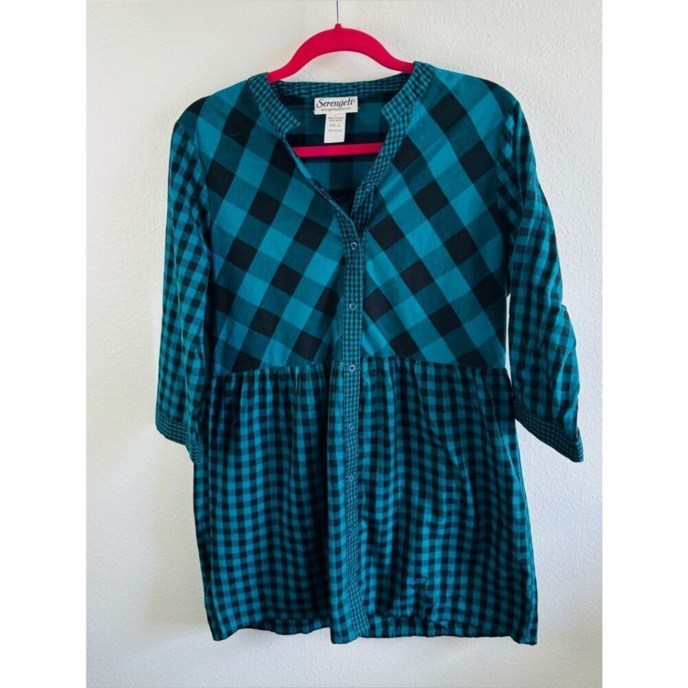 Serengeti Vintage Teal Black Check Y2K Babydoll Tunic Dress Size S